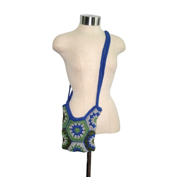 Handmade Crochet Granny Square Hexagon Crossbody Shoulder Bag Blue Green Gray - Picture 2 of 7